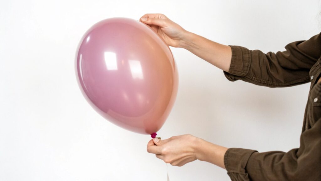 A hand holding a brightly colored balloon