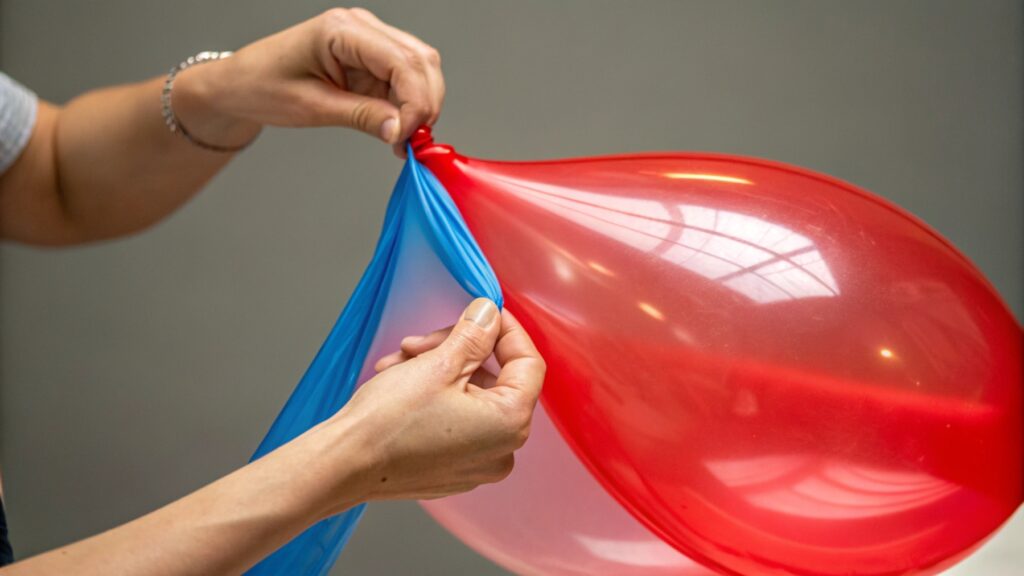Someone stretching a deflated latex balloon