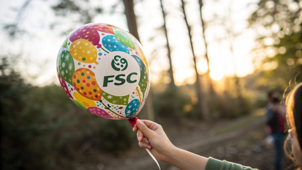 A hand holding an FSC-certified balloon