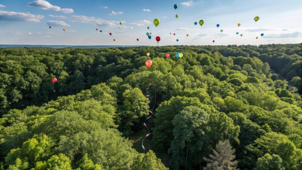 A green forest with latex balloons floating above