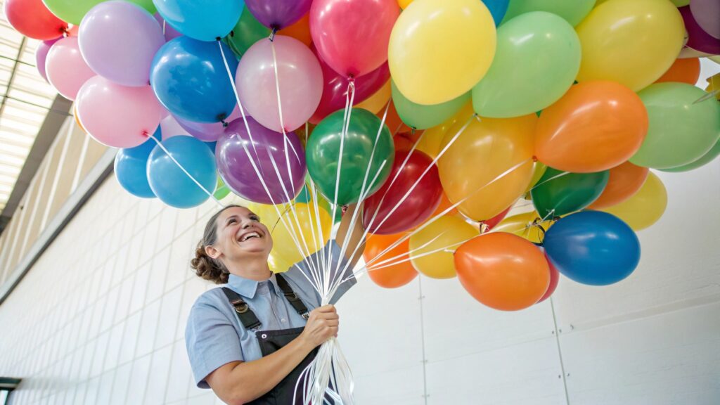 A person holding a large bundle of latex balloons