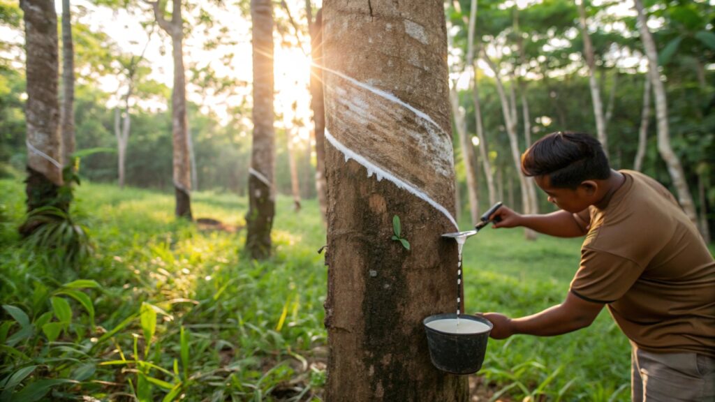 A close-up of natural rubber tapping