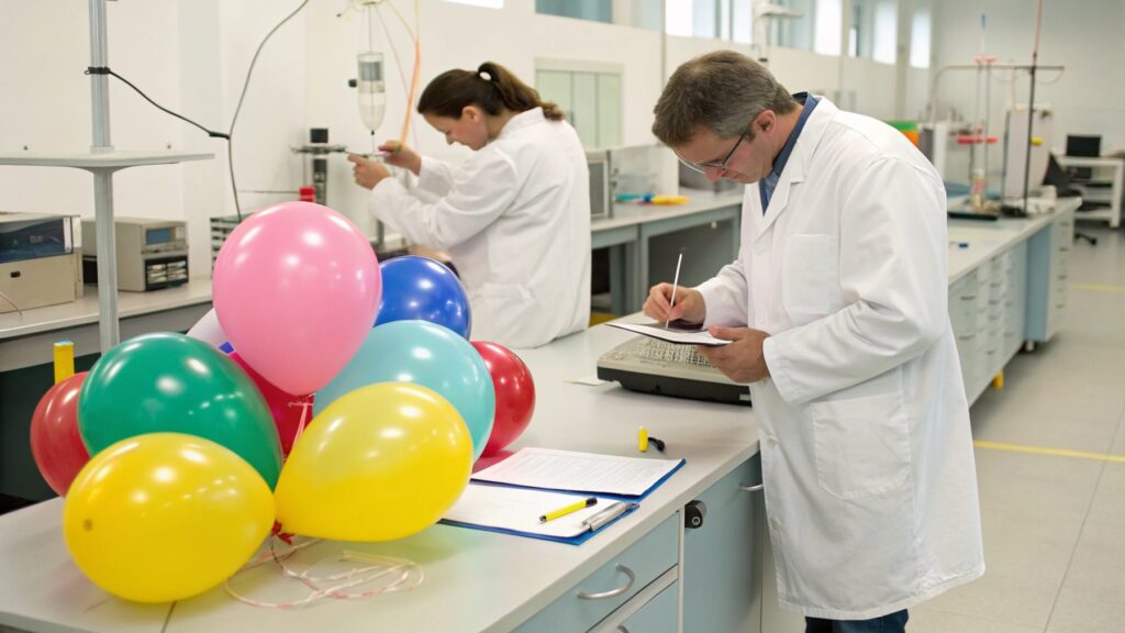 Scientists performing quality control tests on balloons in a lab