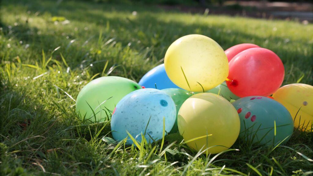 A pile of colorful eco-friendly latex balloons on a grassy field