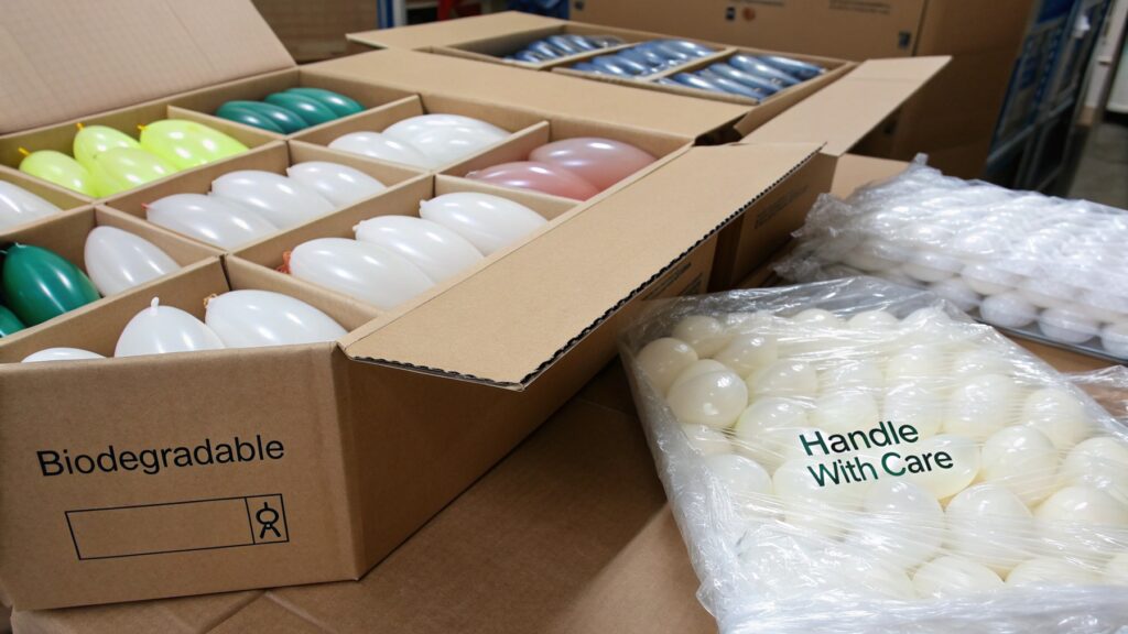 A packed box of balloons ready for shipping