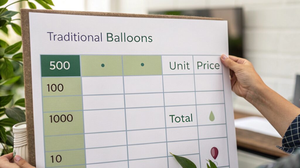 A price list showing different balloon types and bulk pricing