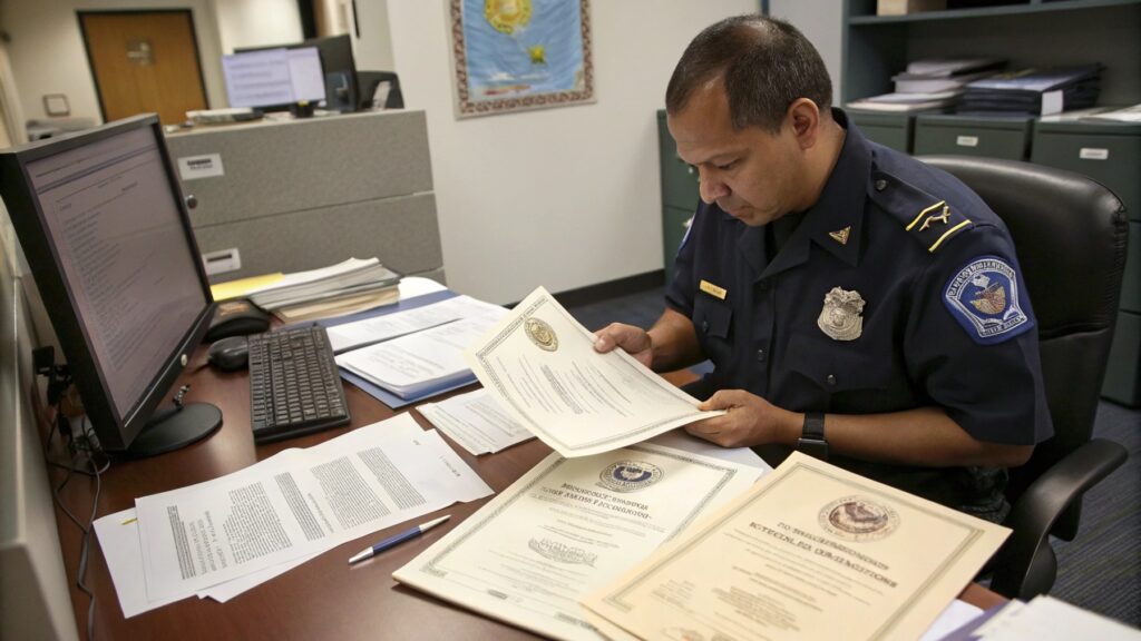 A customs officer looking at paperwork