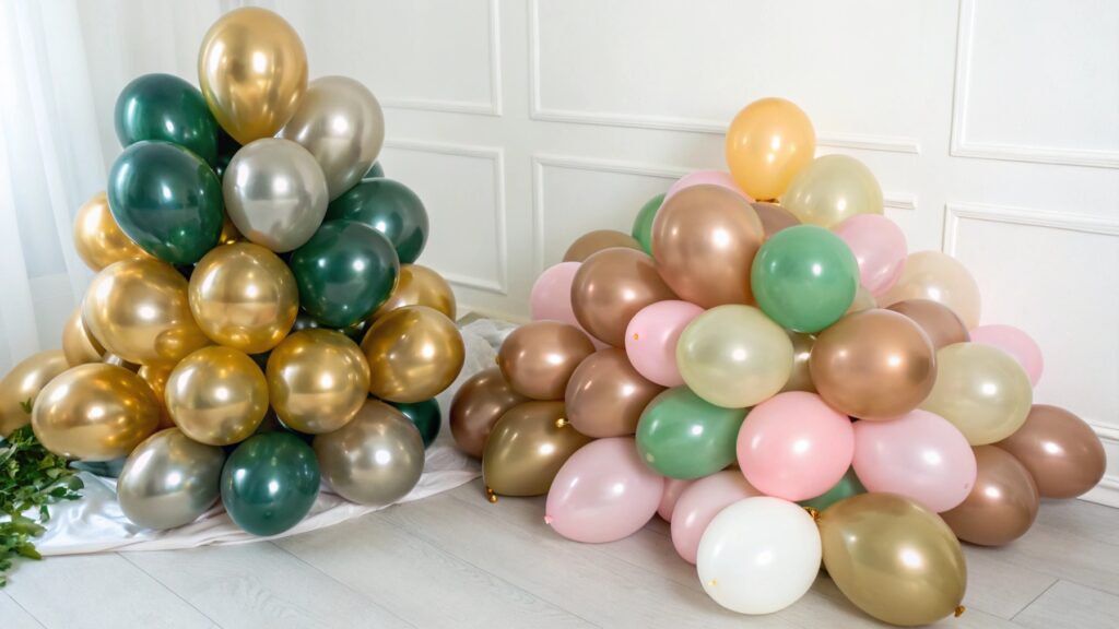 Two stacks of balloons, one colorful and one muted earth tones