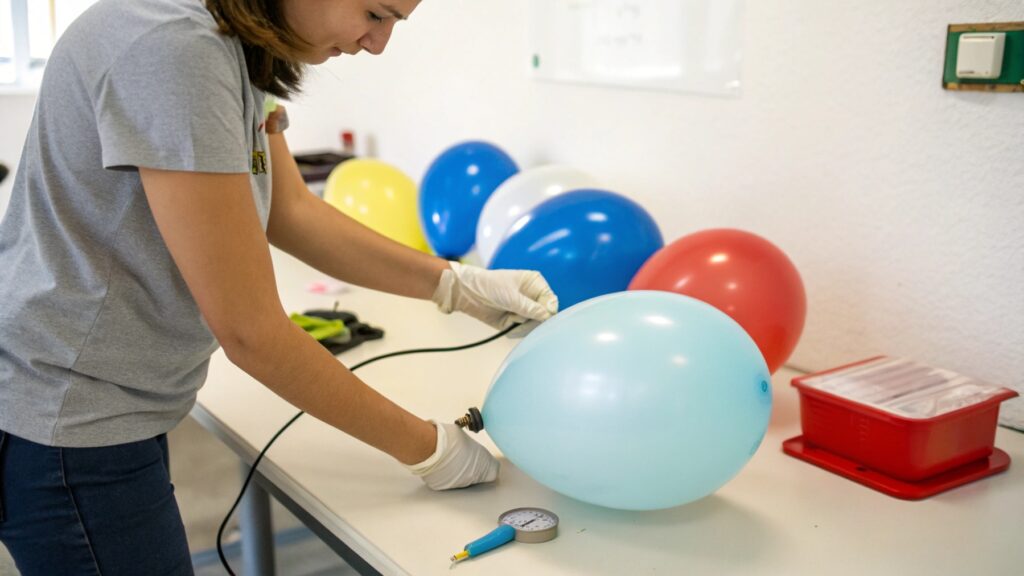 Person testing balloon durability