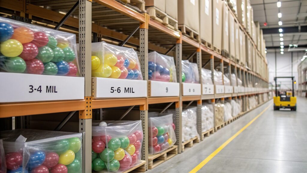 Warehouse stacked with different balloon types