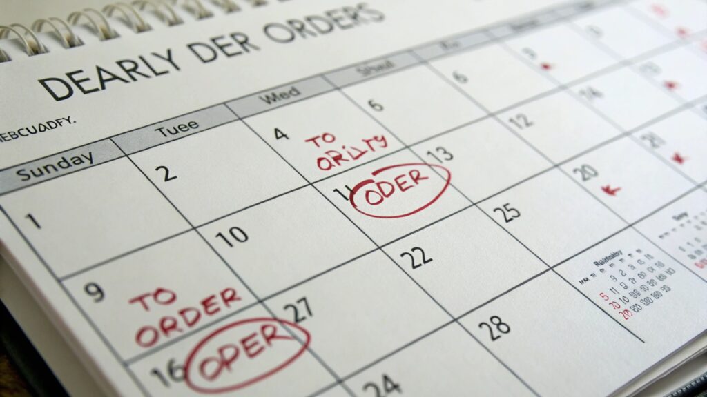 Calendar with marked dates for ordering