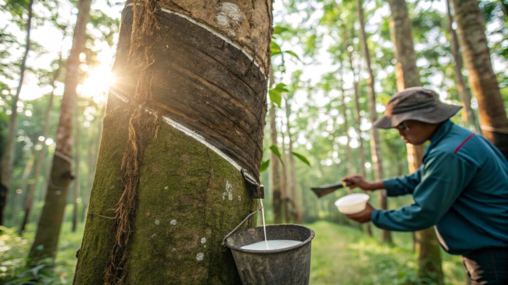 Rubber tree being tapped for latex