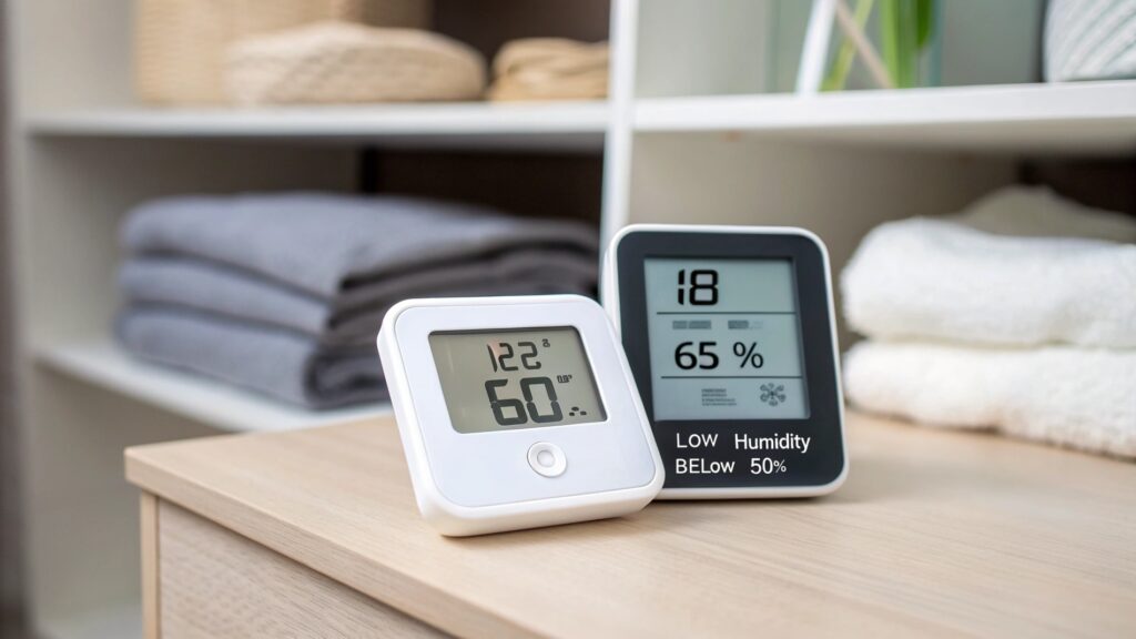 Thermometer and hygrometer showing ideal storage conditions