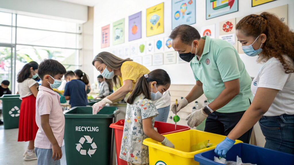 A person sorting recyclables into bins