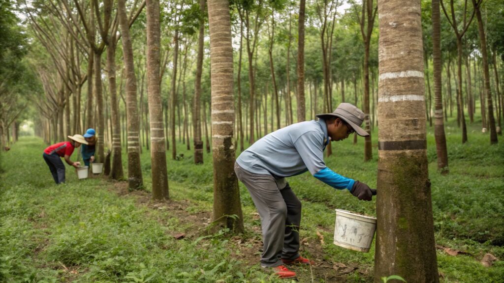 Workers tapping rubber trees