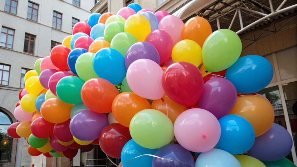 A large bundle of colorful latex balloons in various sizes