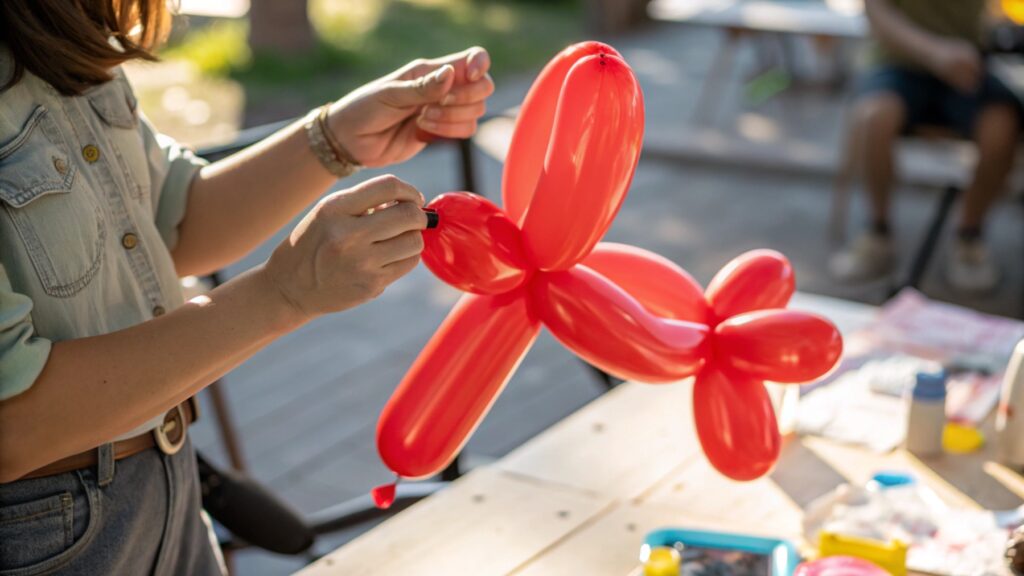 Beginner holding a partially twisted balloon animal