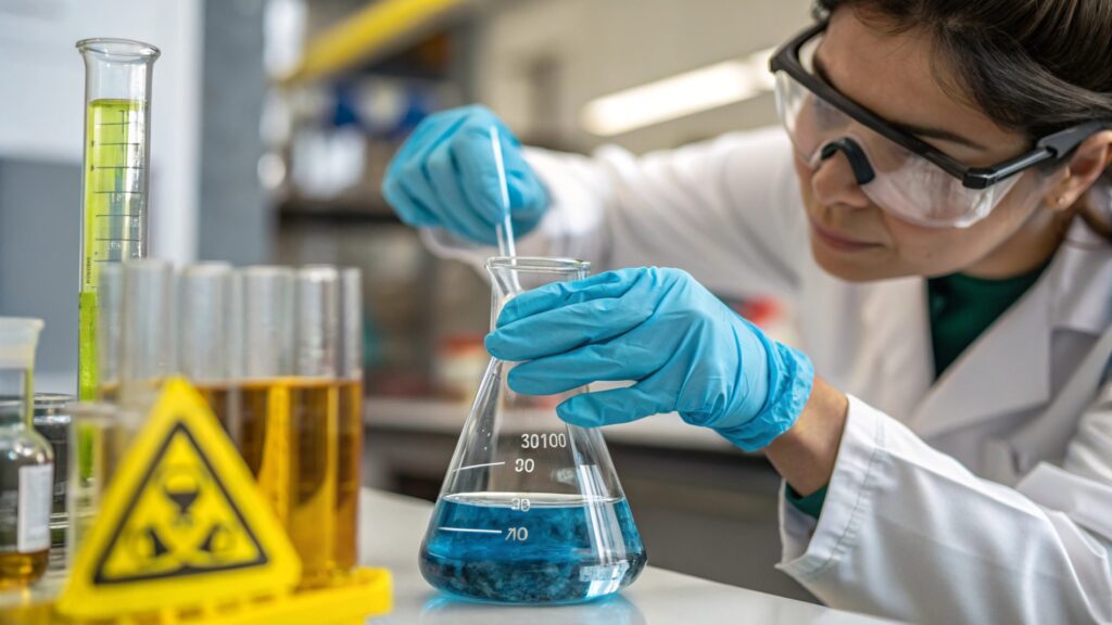 A person wearing safety glasses and gloves