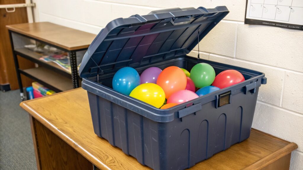 Opaque airtight container filled with colorful balloons