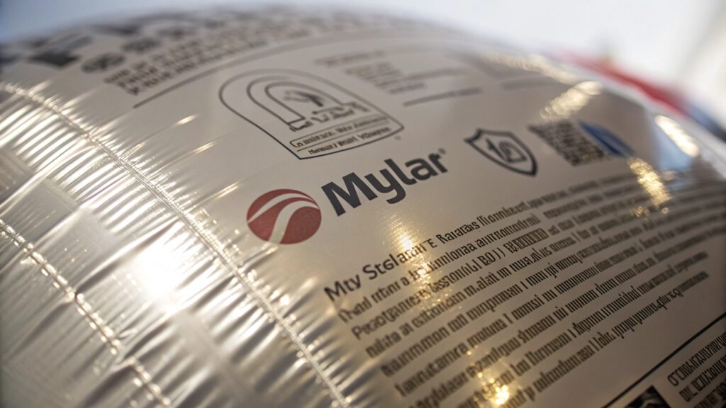A close-up of a Mylar balloon with a crisply printed company logo