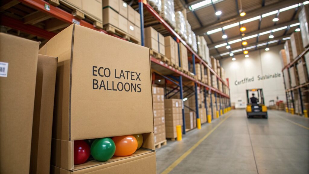 Warehouse shelves stocked with balloon boxes