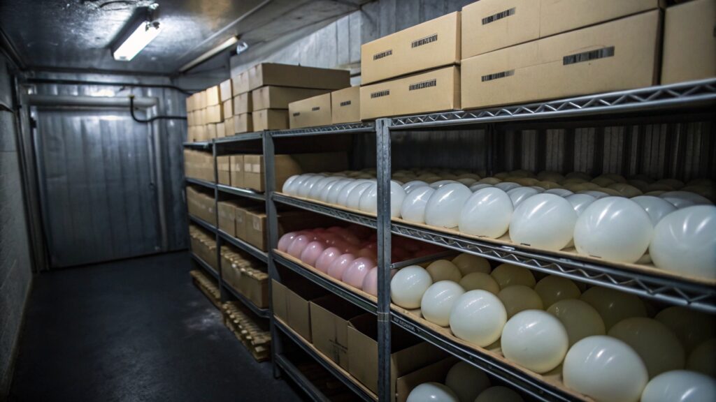 Latex balloons stored in boxes in a cool, dry place