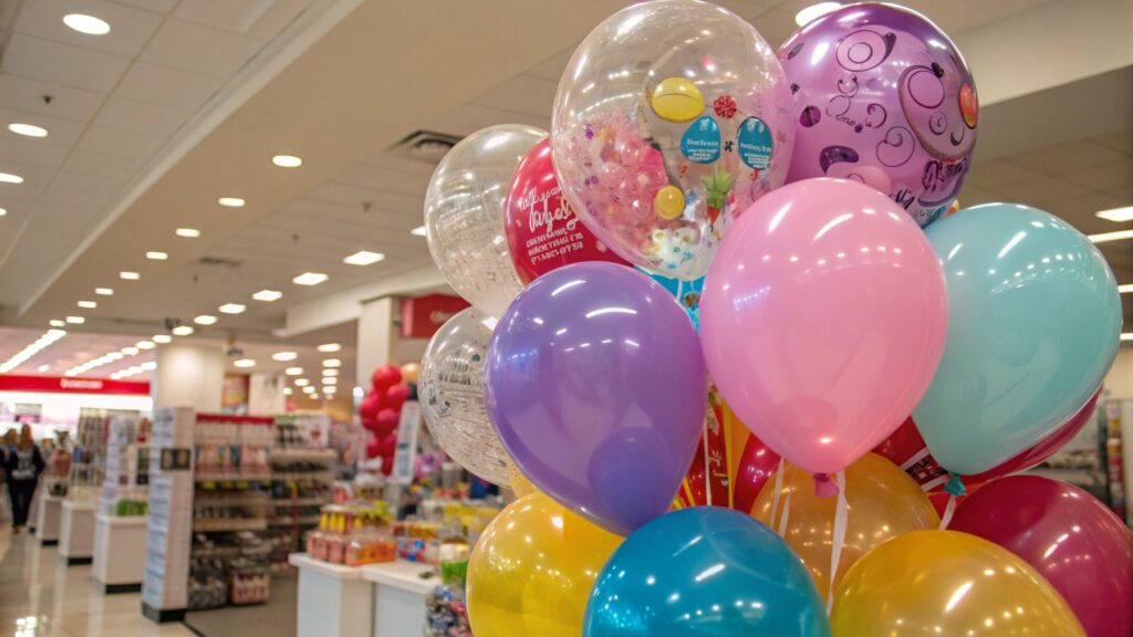 A vibrant balloon display with both latex and Mylar balloons