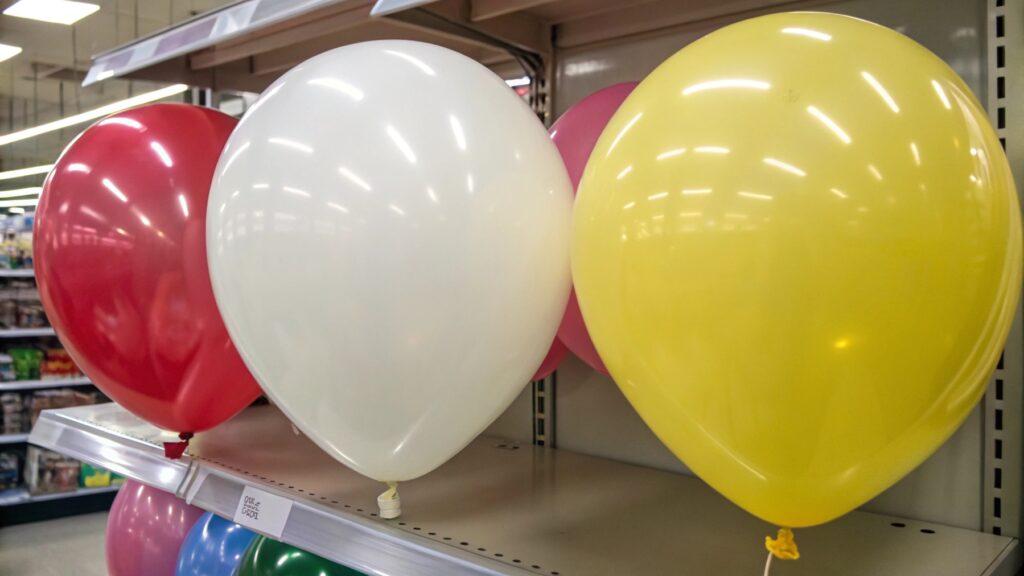 A mixed display of long-lasting Mylar and shorter-lived latex balloons