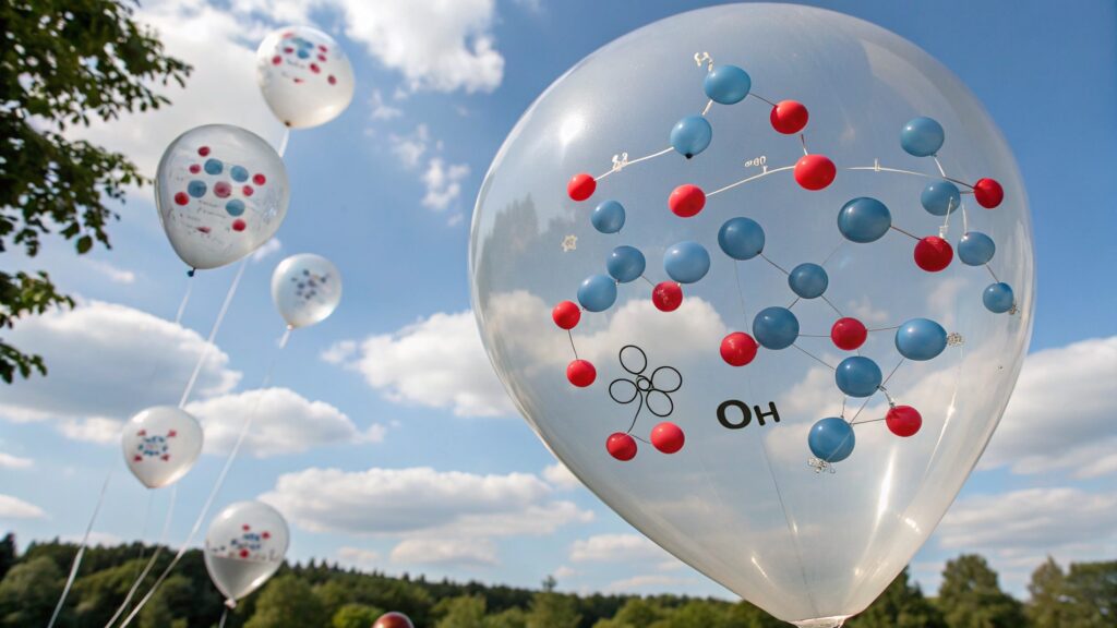 An illustration showing air particles and helium particles around a balloon