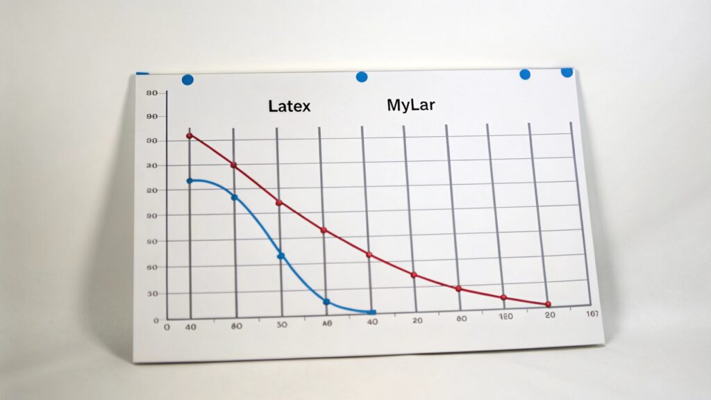 A graph comparing the helium retention of latex and Mylar over time