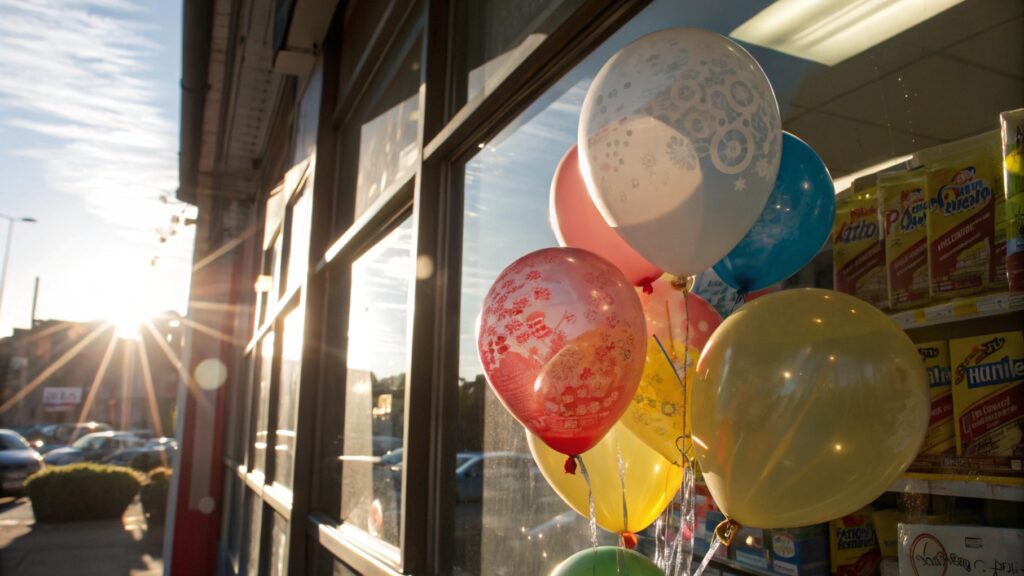 A store display with balloons affected by sunlight