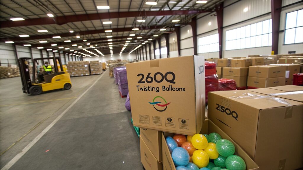 Warehouse full of boxes of balloons