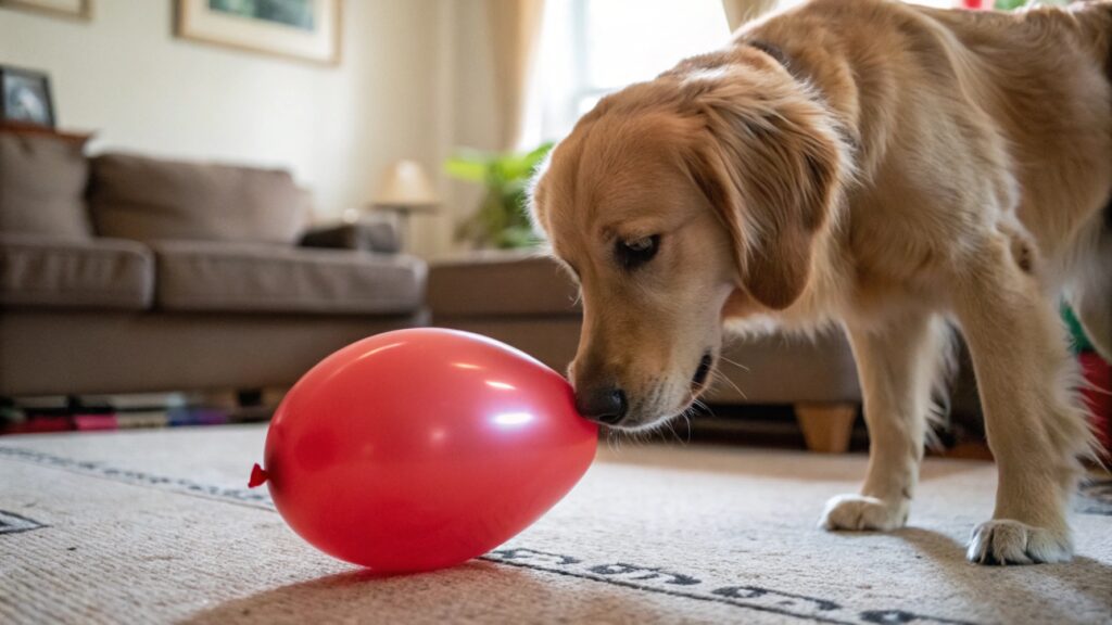 A dog looking curiously at a deflated latex balloon