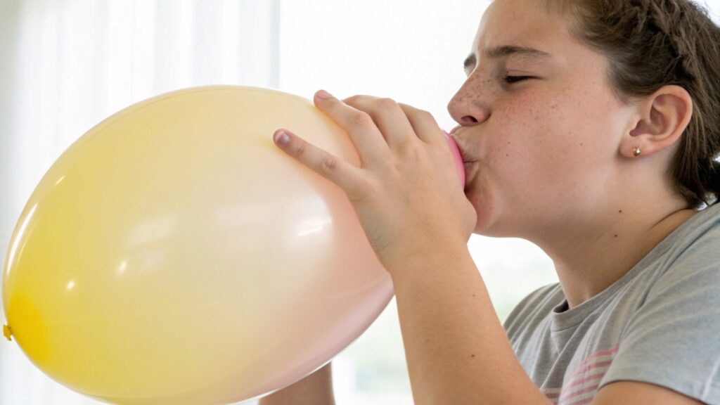 A person blowing a large balloon