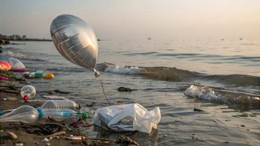 A deflated Mylar balloon floating on the ocean surface near some plastic debris