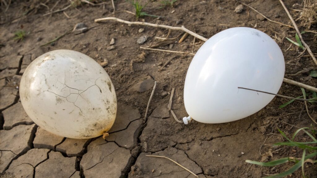 A deflated, weathered latex balloon on the ground starting to decompose, contrasted with a shiny Mylar balloon that looks new