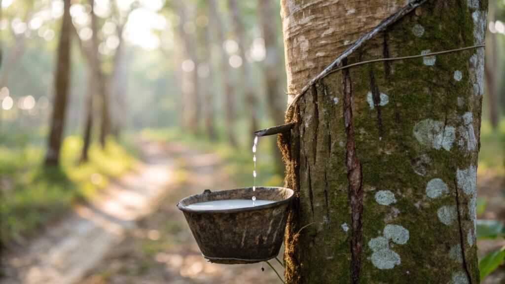 Close-up of a rubber tree being tapped for latex