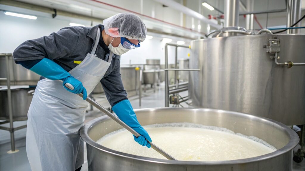 A factory worker mixing chemicals for latex production