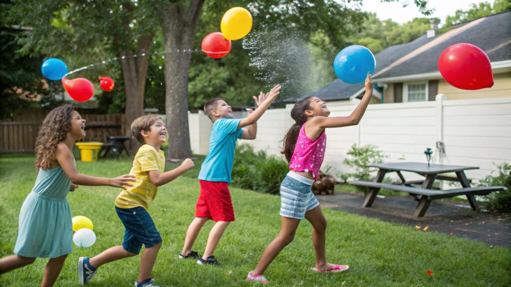 Kids laughing and throwing water balloons at a backyard party