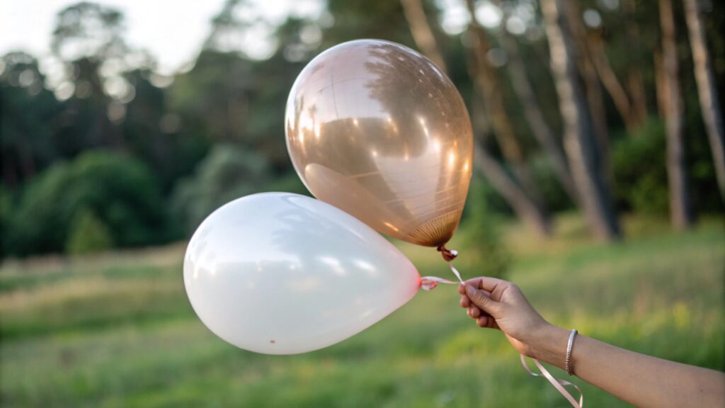 A hand holding two balloons, one latex and one Mylar, against a blurred natural background