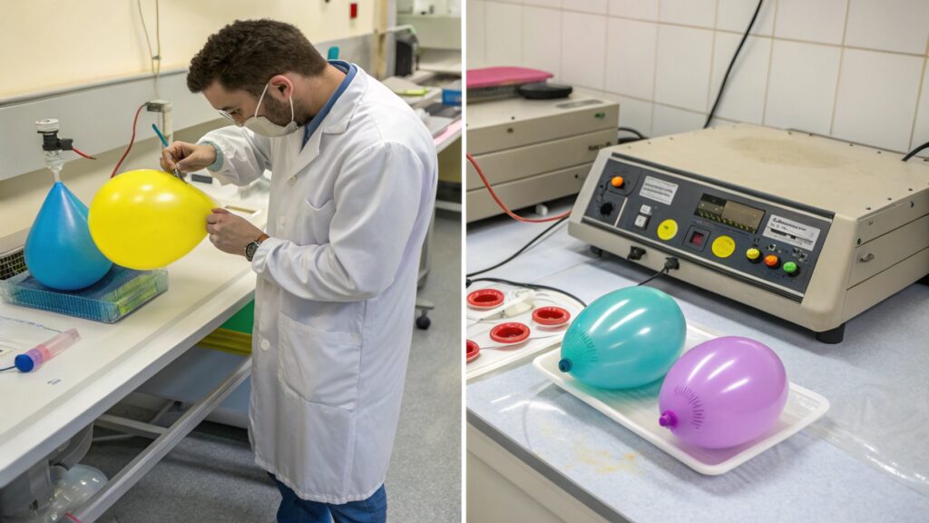 An image showing a laboratory setting with various testing equipment, possibly showing a balloon being inflated to burst or a condom undergoing an electronic test.