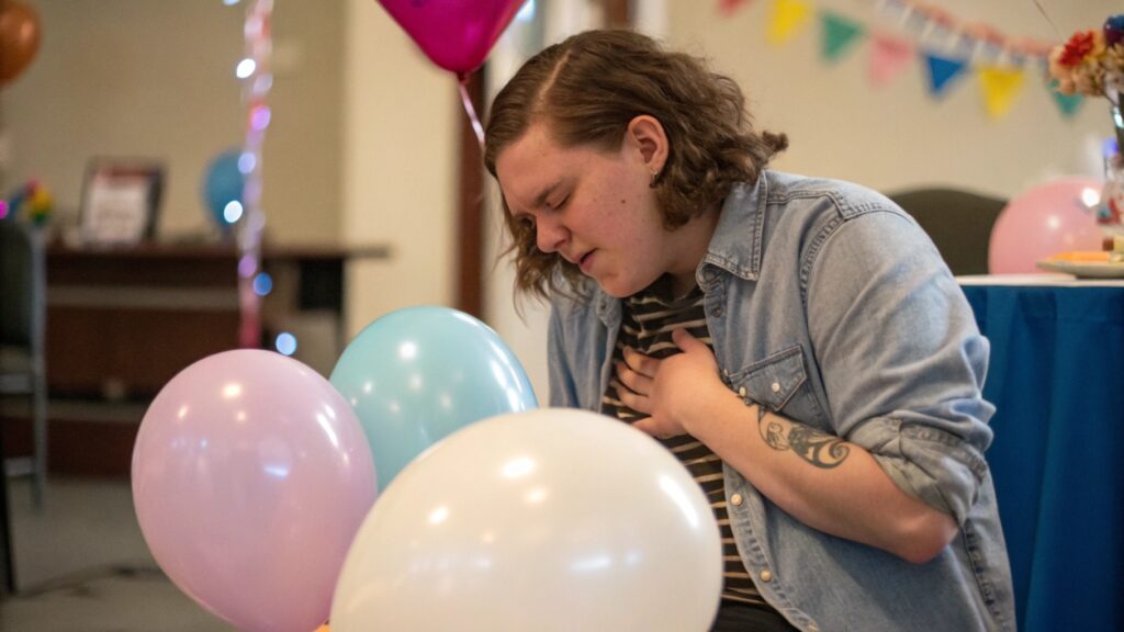 A person feeling their chest after blowing balloons