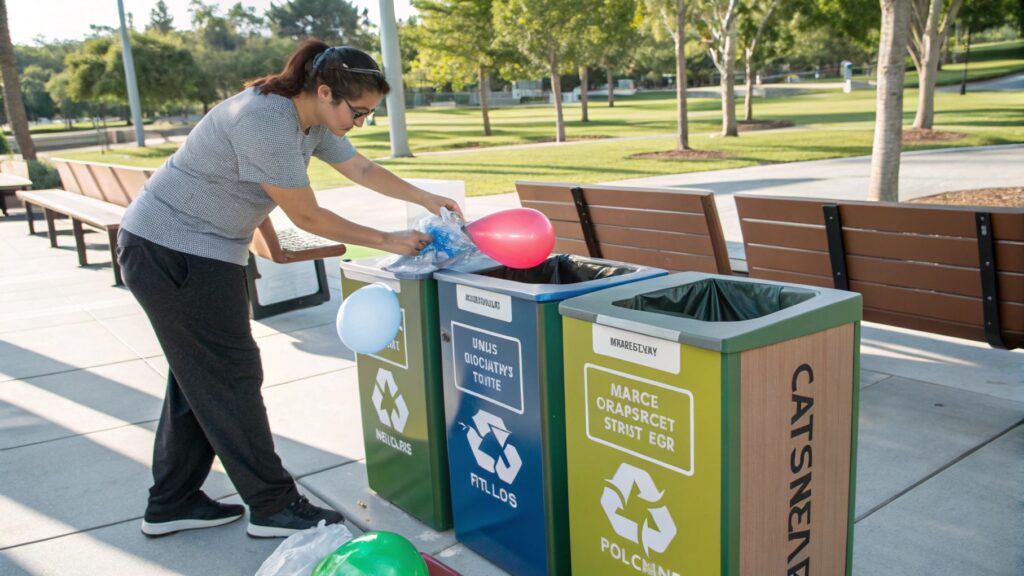 A person properly disposing of deflated balloons (both latex and Mylar) in a waste bin, emphasizing responsible disposal