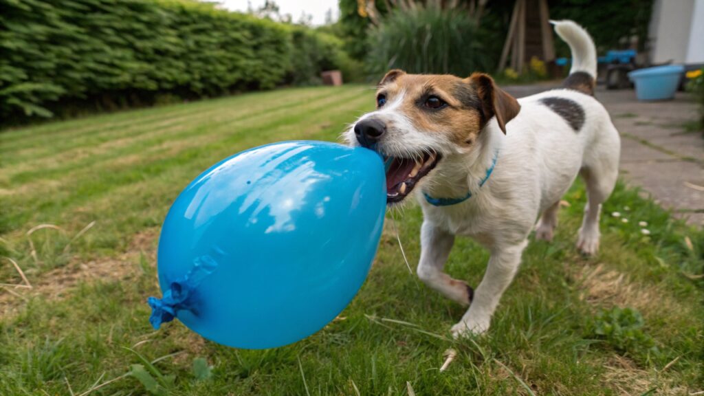 A dog with a deflated balloon