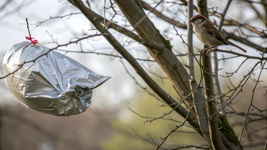 A tangled deflated Mylar balloon in a tree branch, with a small bird nearby