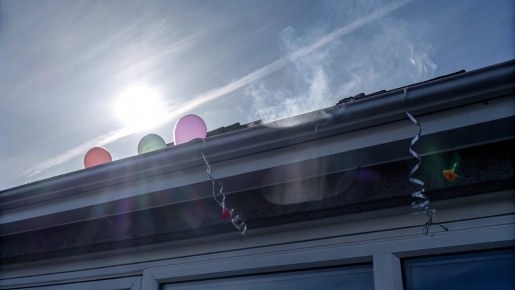 A hot, sunny outdoor setting with balloons, some of which are popping