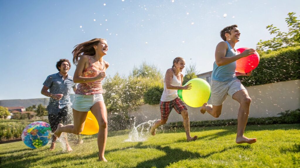 A cheerful group of friends engaged in a lively water balloon fight
