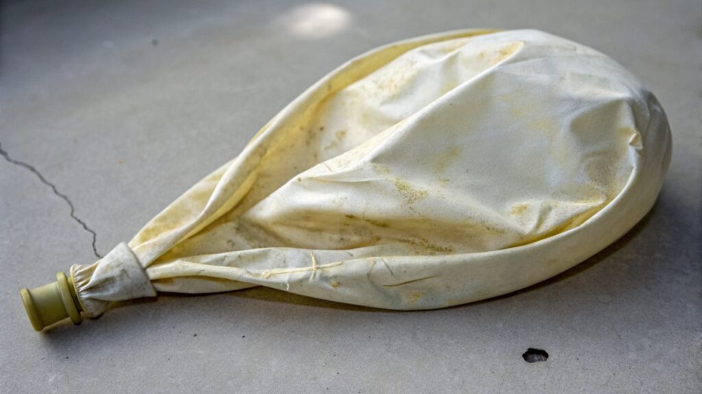 A deflated, old balloon showing signs of degradation