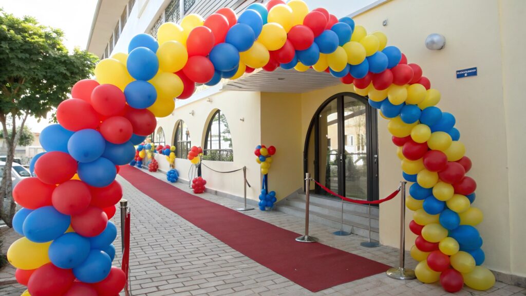 A balloon arch made with air-filled balloons