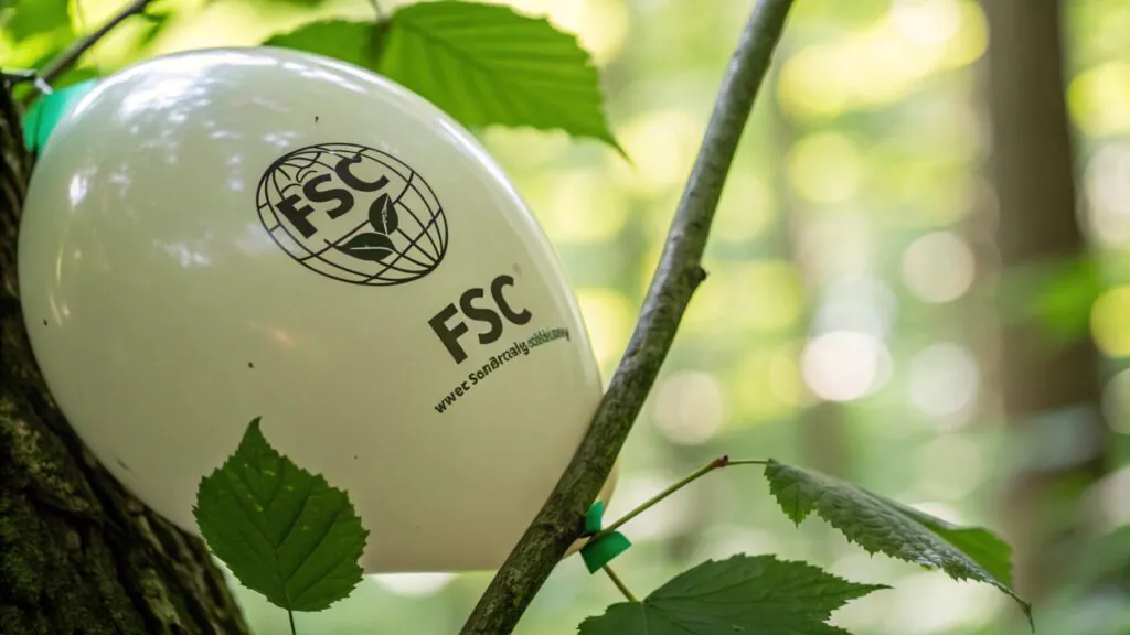 An image showing a close-up of a latex balloon with the FSC logo, next to a leaf, emphasizing its natural origin and connection to forestry